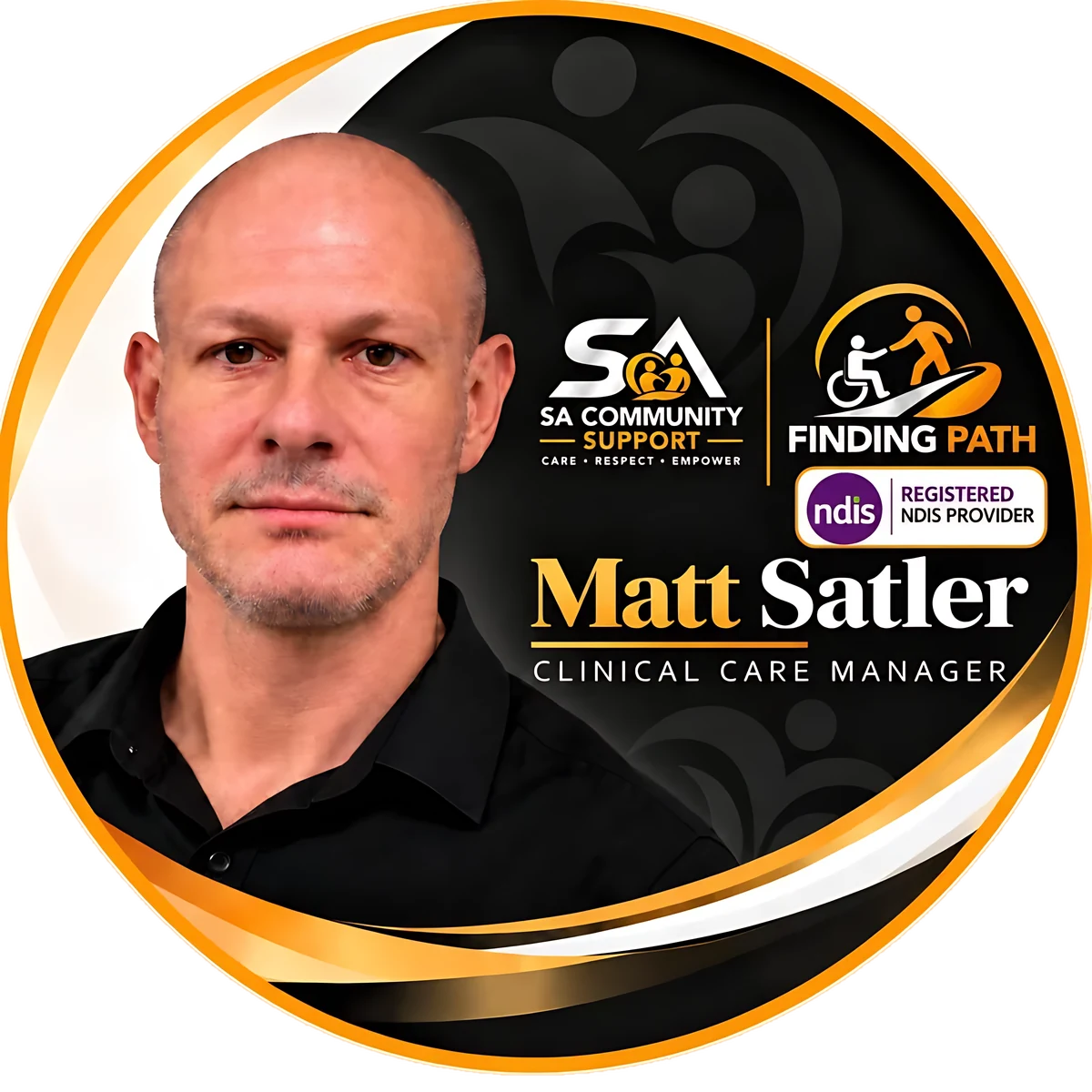 Matt Satler, Clinical Care Manager, with the Finding Path, SA Community Support and Registered NDIS Provider logos
