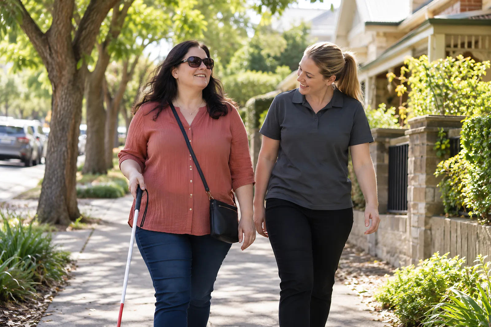Woman using a white cane walking and chatting with a support worker along a leafy suburban footpath