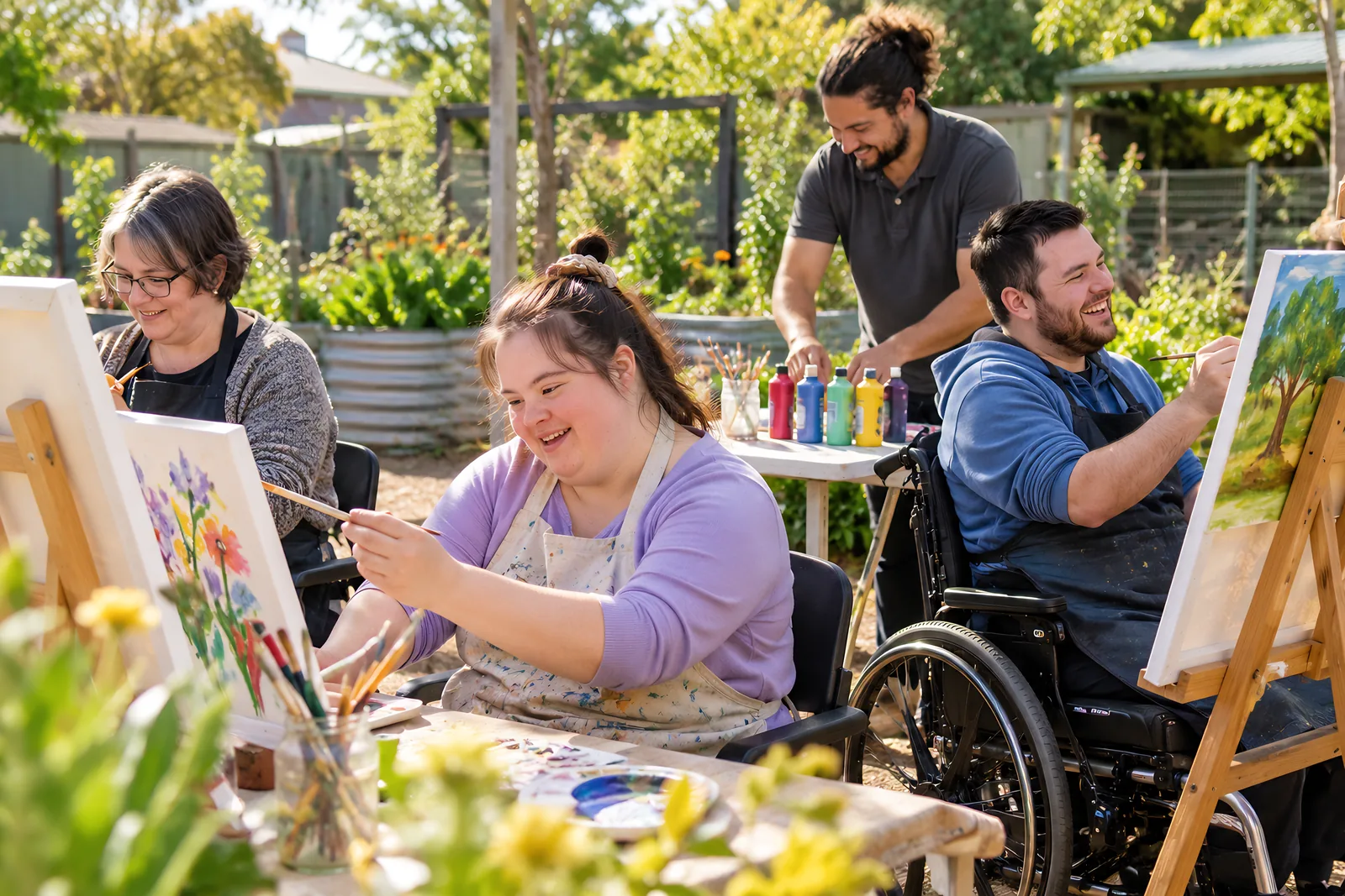 Adults painting at easels in an outdoor community garden art class while a support worker sets out paints