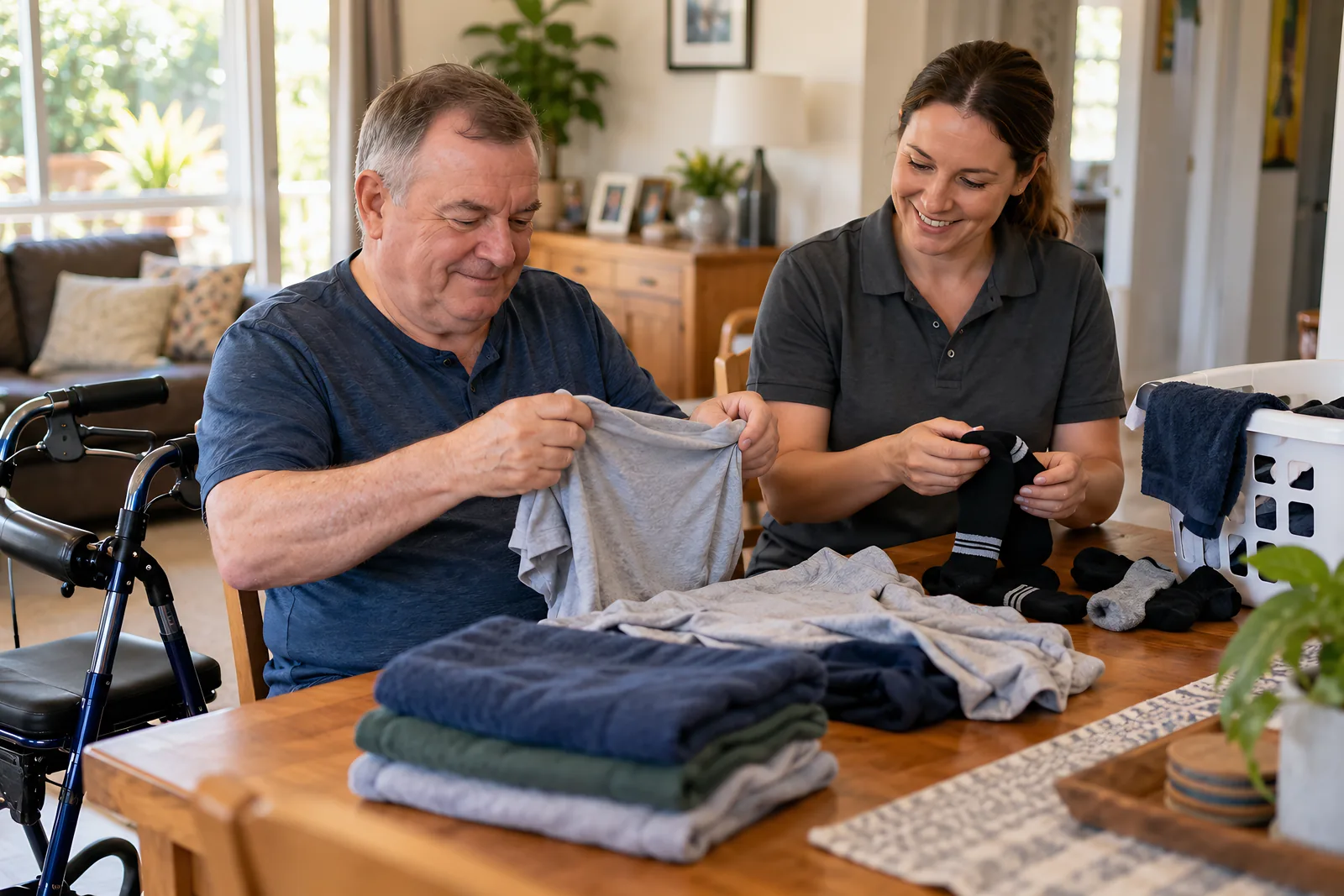 Man folding his washing at the dining table, his walker beside him, while a support worker pairs socks