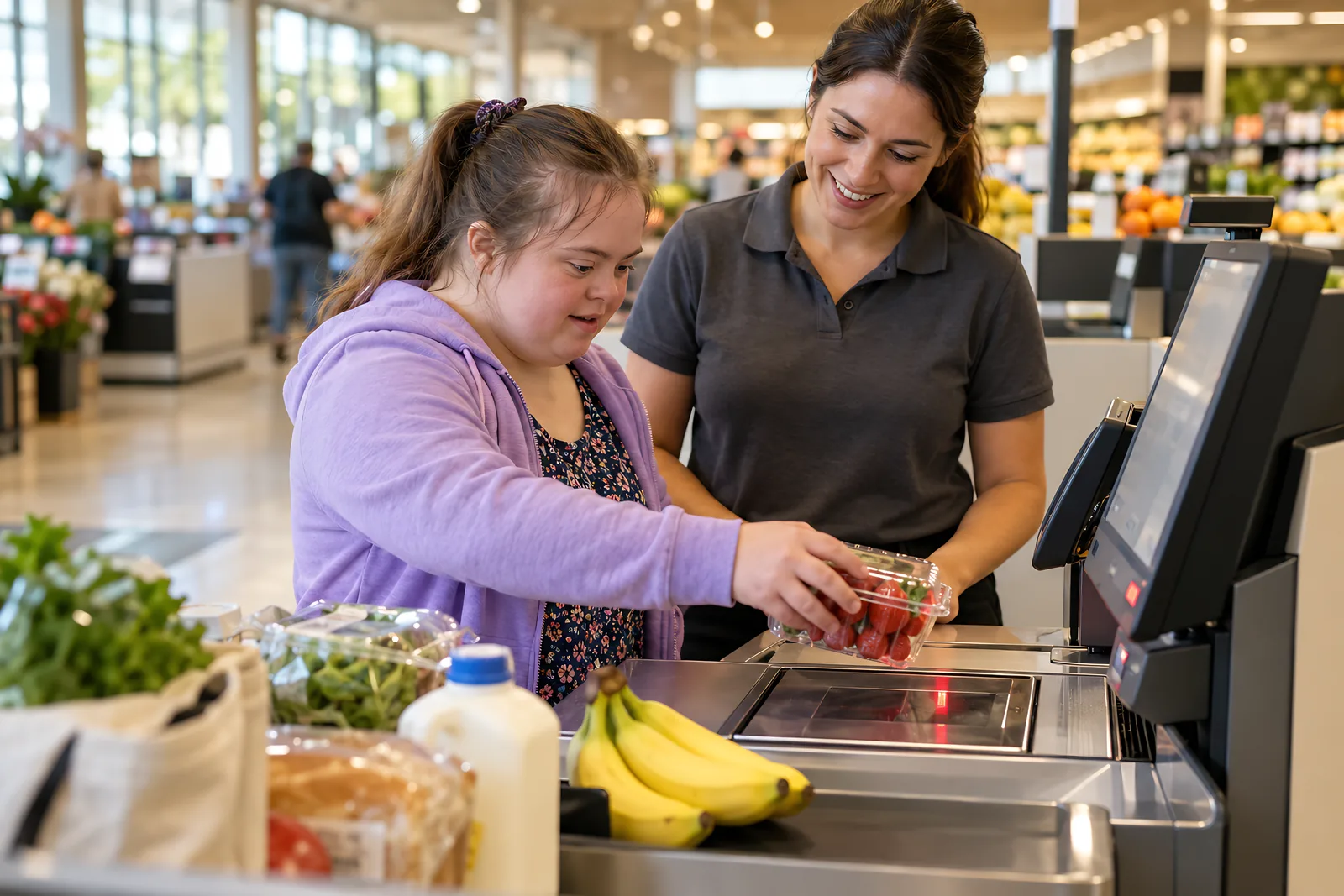 Young woman placing strawberries on a supermarket self-checkout scanner with a support worker beside her