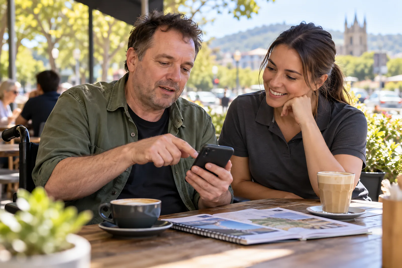 Man showing a support worker something on his phone at an outdoor café table as they plan an outing